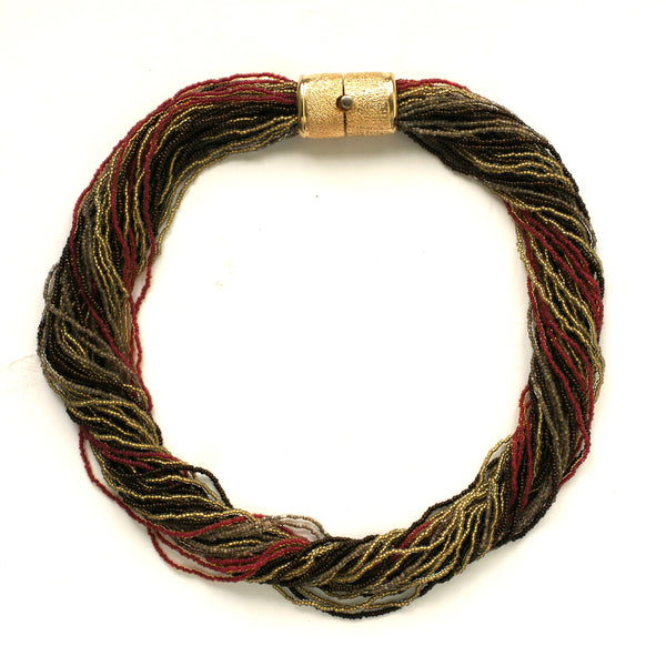 Murano fine seed bead necklace with gold plated clasp in red brown and gold 