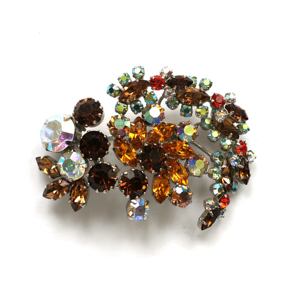 Gorgeous vintage brooch from the 1950s in assorted autumnal coloured rhinestones in rhodium plate Made in Austria