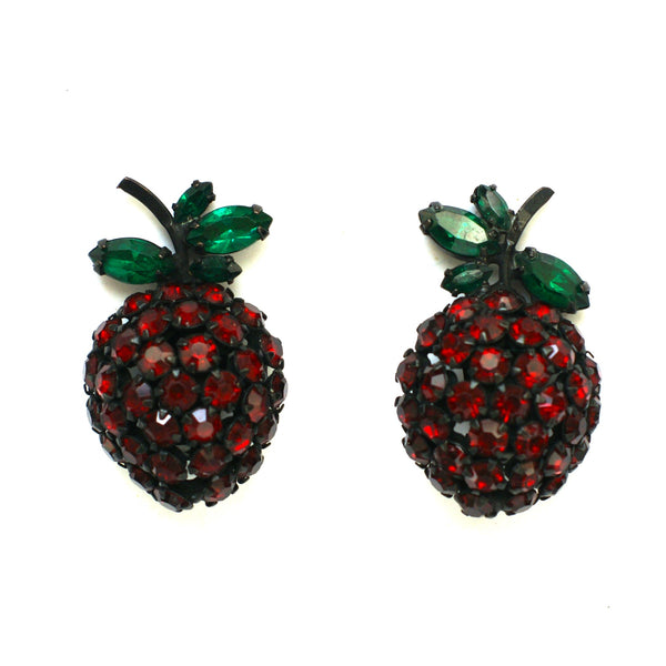 Vintage red berry clip on earrings in red and green