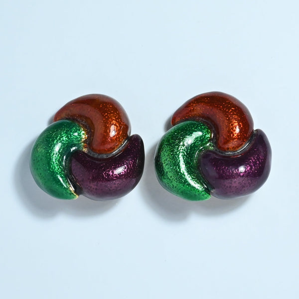 Red green and purple enamel clip on earrings from the 1980s by Blanca on gold plate Eclectica 