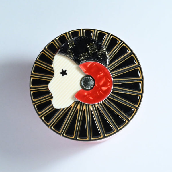 Lea Stein round full colarette flapper girl brooch in black and red 