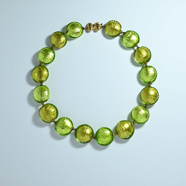 Lime green Murano glass bead  necklace round flat beads knotted with green thread gold plated clasp 