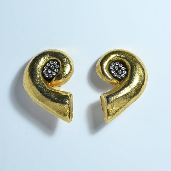 Matt gold plated clip on earrings with a black centre with clear crystals in Etruscan style 