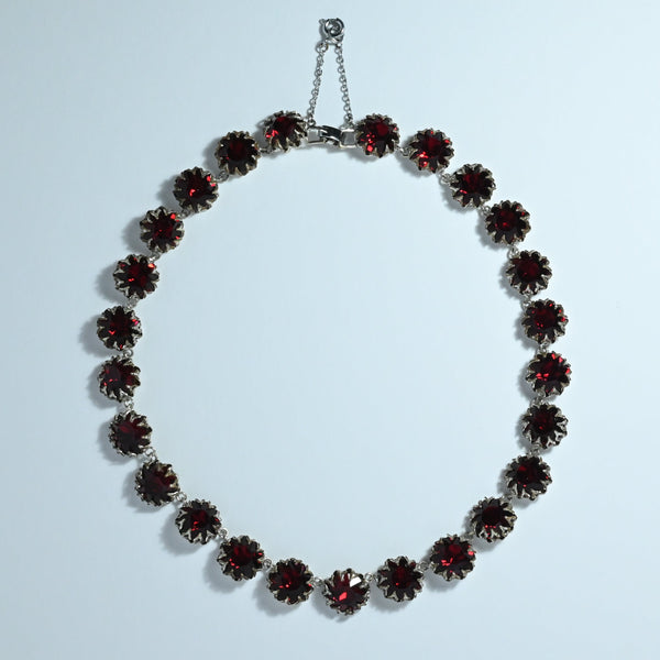 Vintage red rhinestone necklace in silver plate from the 1950s