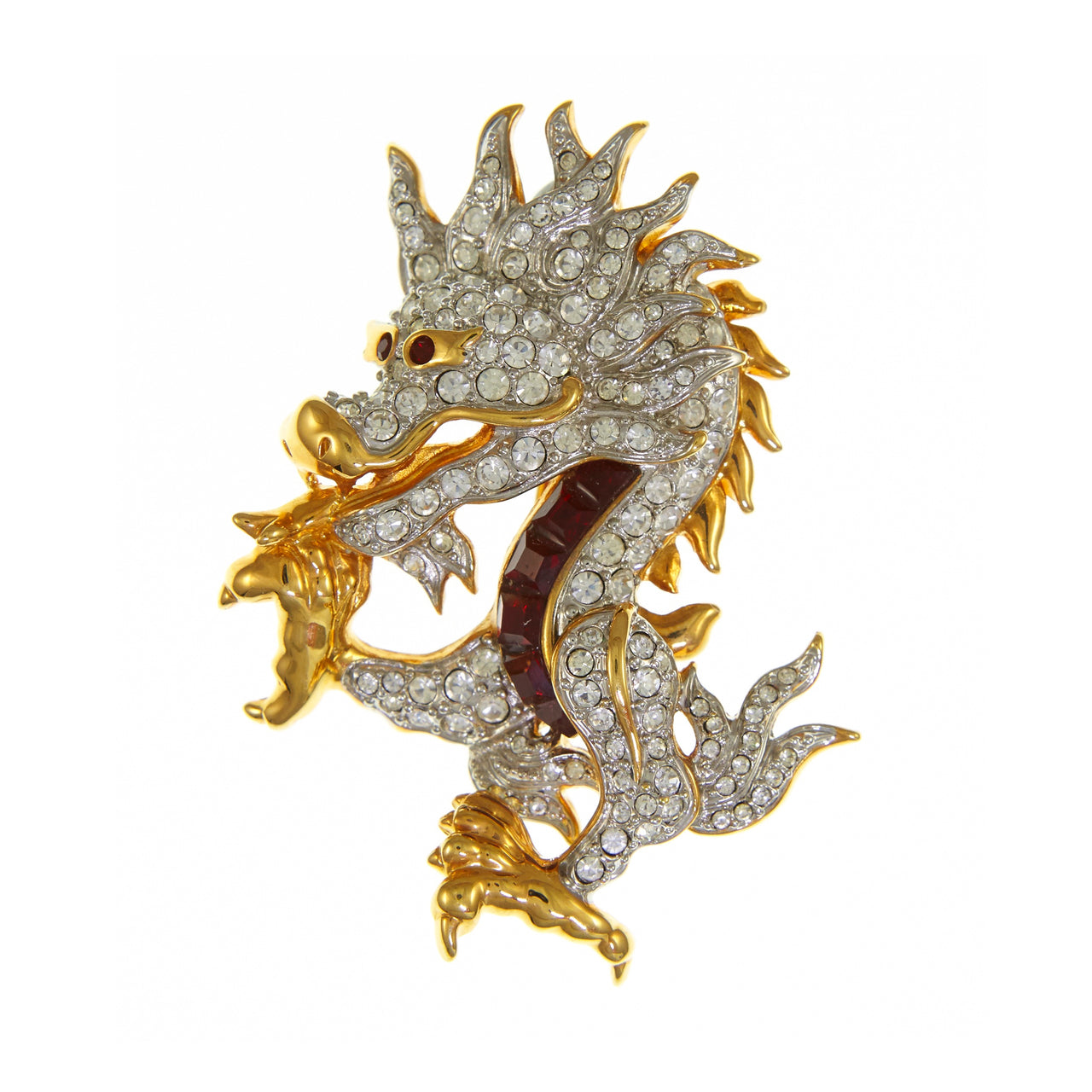 Vintage clear crystal encrusted dragon brooch by Swarovski from the 1980s