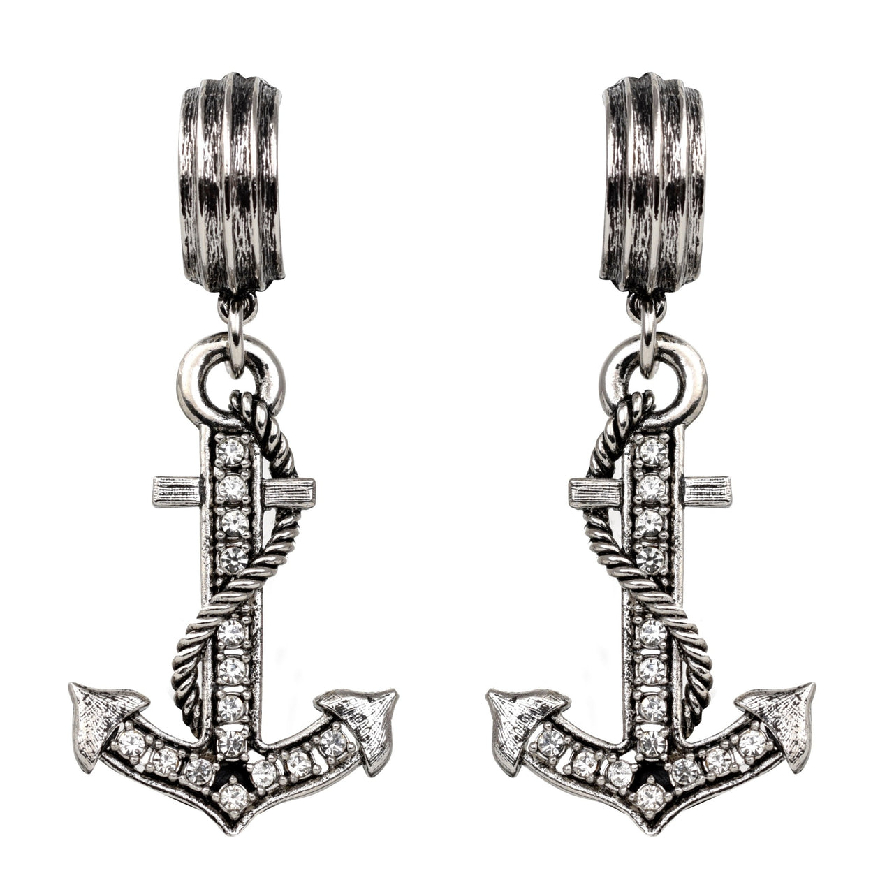 nautical anchor drop earrings in antique silver plate with rhinestones