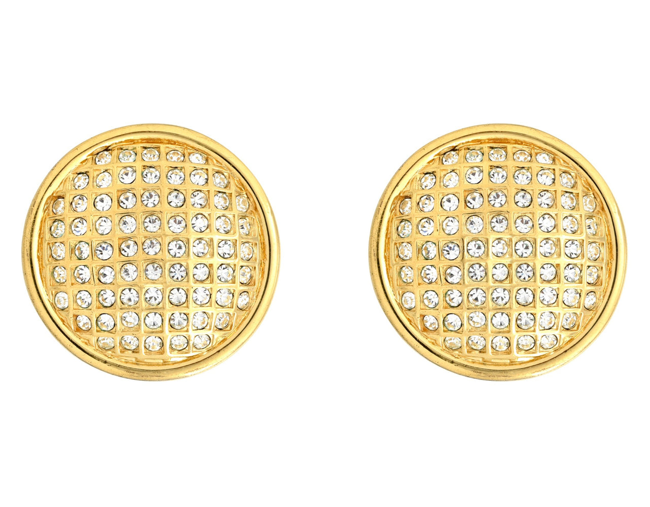 round gold plated clip earrings by Swarovski with criss cross pattern with clear Swarovski crystals