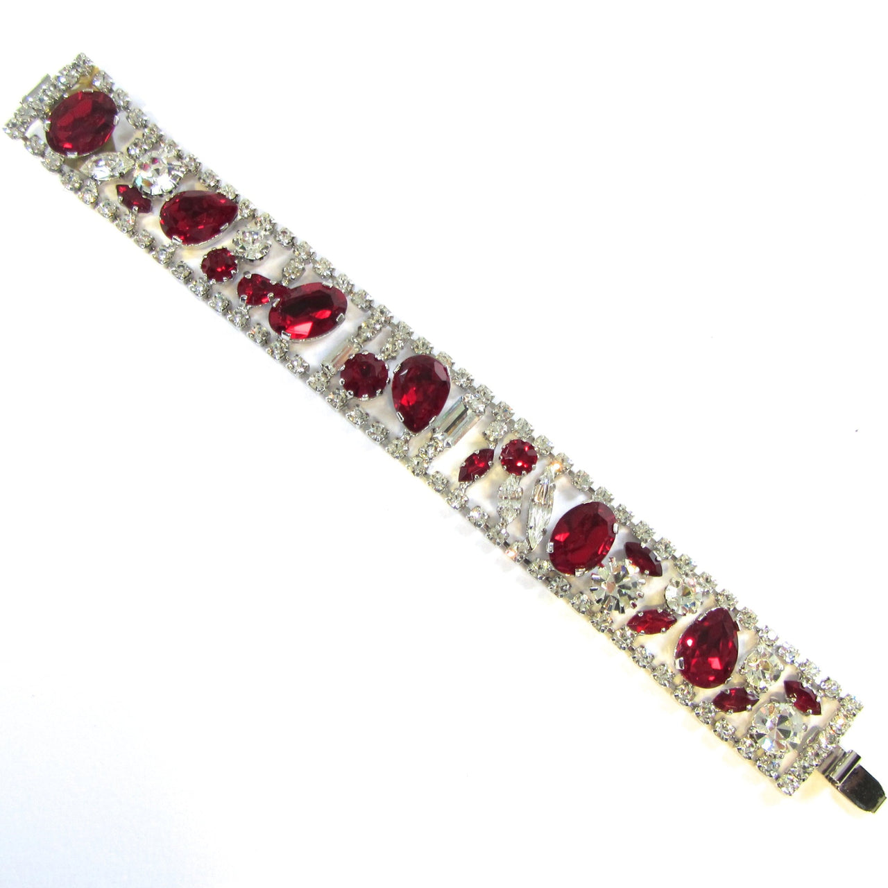 Vintage bracelet with red and white clawset rhinestones rhodium plated